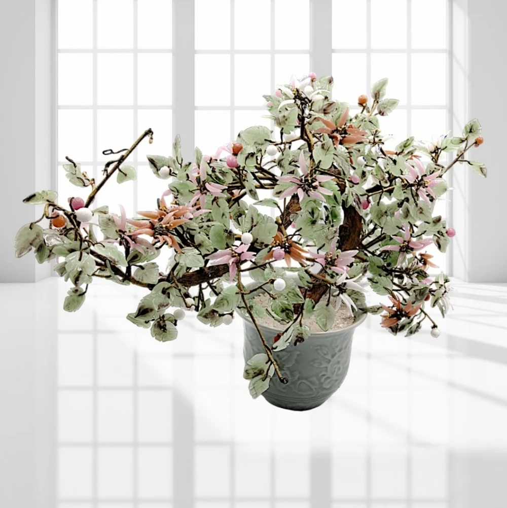 Bonsai Jade Tree Semi-Cascade Style with Pink, White, Salmon Glass